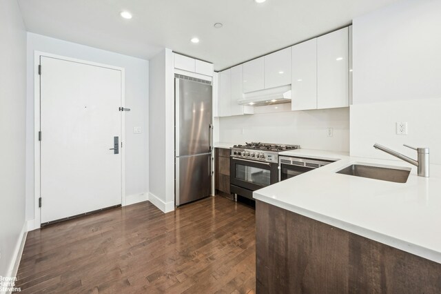 88 Morningside Ave Unit 3H, New York City, NY 10027 - kitchen with modern cabinets, a sink, premium appliances, under cabinet range hood, and dark wood-type flooring