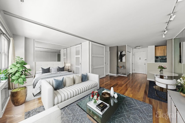 living room with rail lighting and dark wood-type flooring