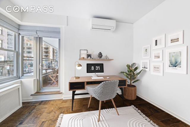 office featuring radiator, baseboards, and an AC wall unit