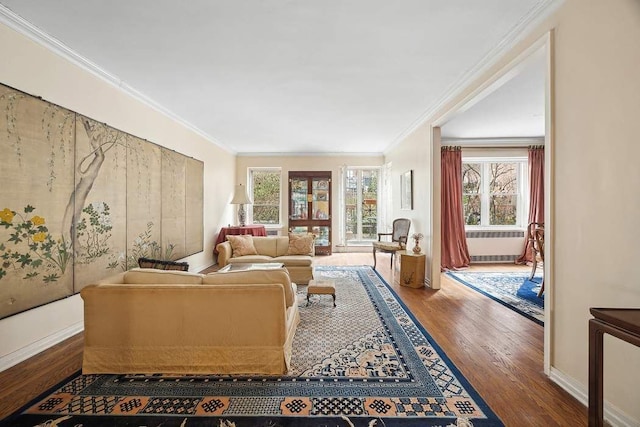 living area with baseboards, ornamental molding, and wood finished floors