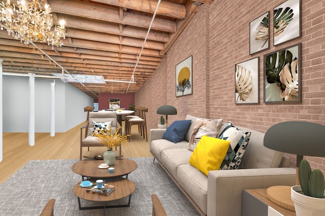 living room featuring brick wall and wood finished floors