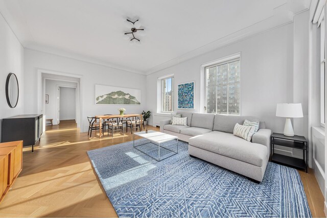 living area featuring baseboards and crown molding