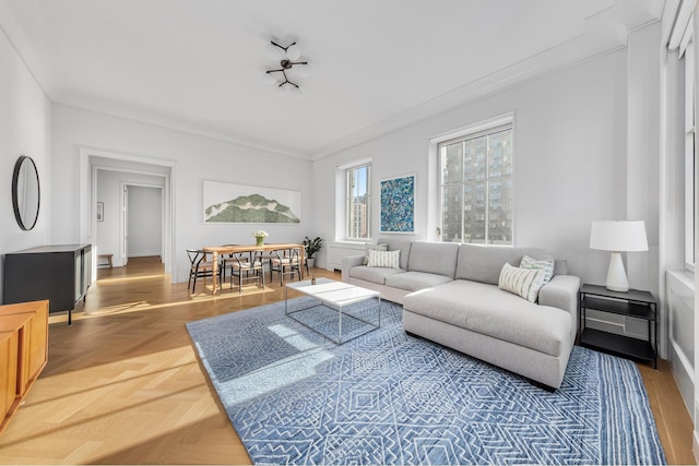 living area with baseboards and crown molding