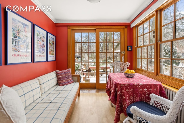 interior space with wood finished floors, a wealth of natural light, and ornamental molding