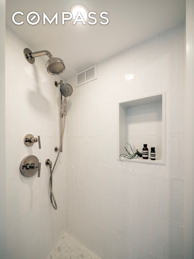 full bath featuring vanity, toilet, marble finish floor, recessed lighting, and a stall shower