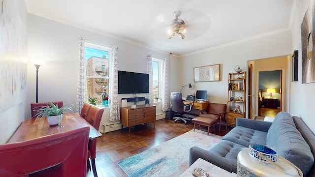 living room featuring baseboard heating, a baseboard radiator, a ceiling fan, and crown molding