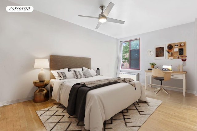 bedroom featuring radiator, visible vents, baseboards, and light wood finished floors