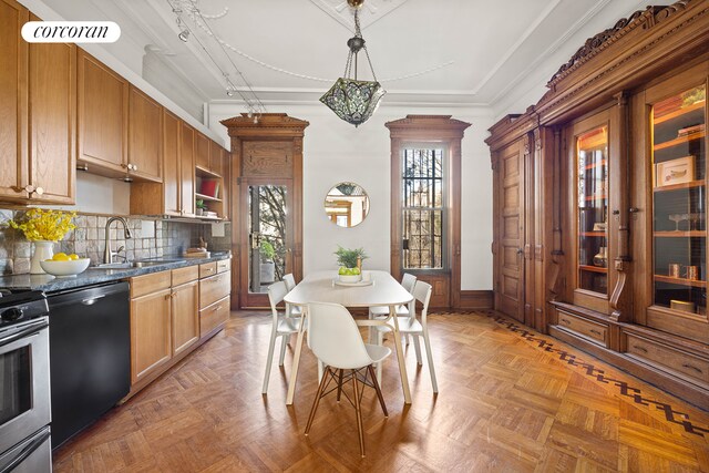 kitchen with dark countertops, decorative backsplash, a sink, dishwasher, and stainless steel electric range