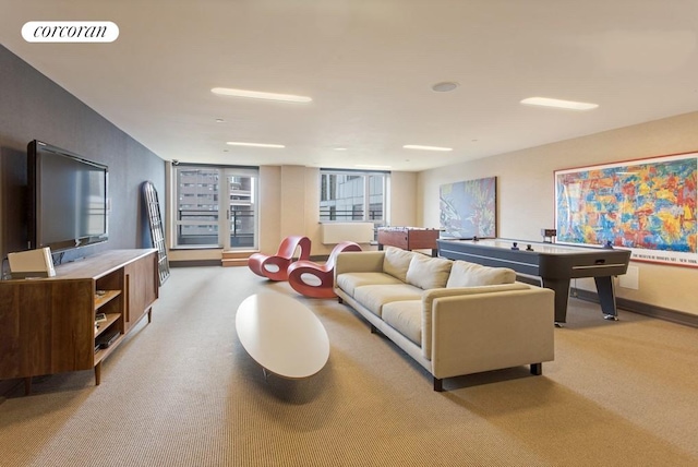 living room with light carpet and visible vents