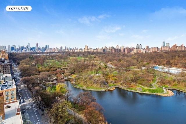 drone / aerial view featuring a water view and a city view