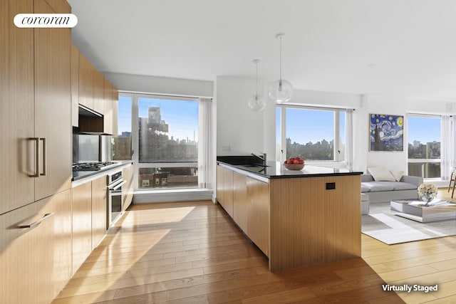 kitchen featuring appliances with stainless steel finishes, a wealth of natural light, a peninsula, and hardwood / wood-style flooring