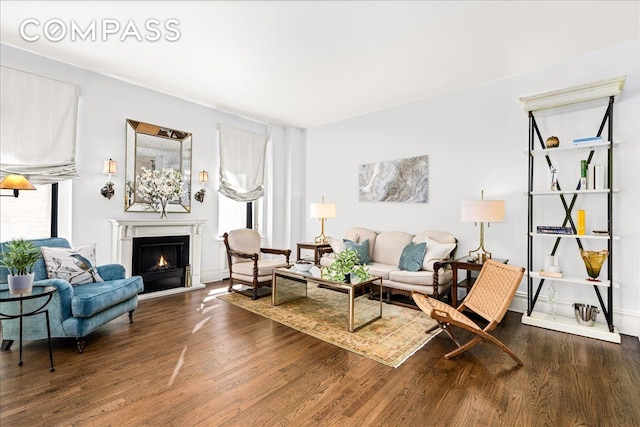 living area featuring a warm lit fireplace and wood finished floors