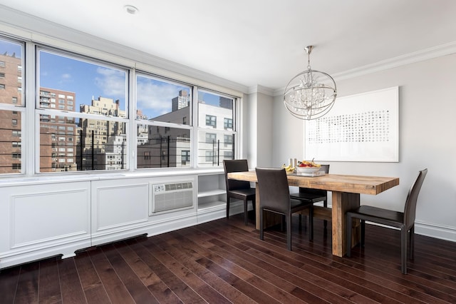 310 E 70th St Unit 10E, New York City, NY 10021 - dining space with a chandelier, crown molding, dark wood-style flooring, a view of city, and an AC wall unit