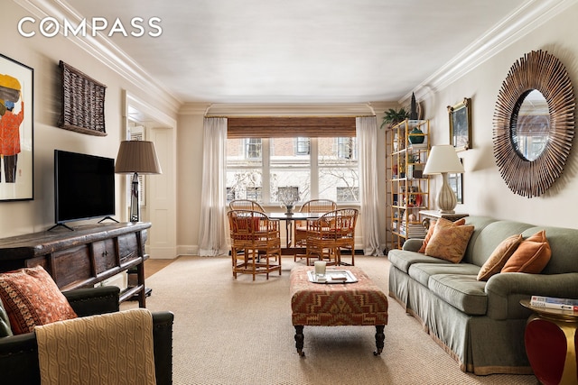 living area with light carpet and crown molding