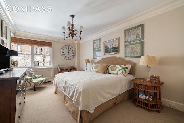 bedroom with light carpet, ornamental molding, a chandelier, and baseboards