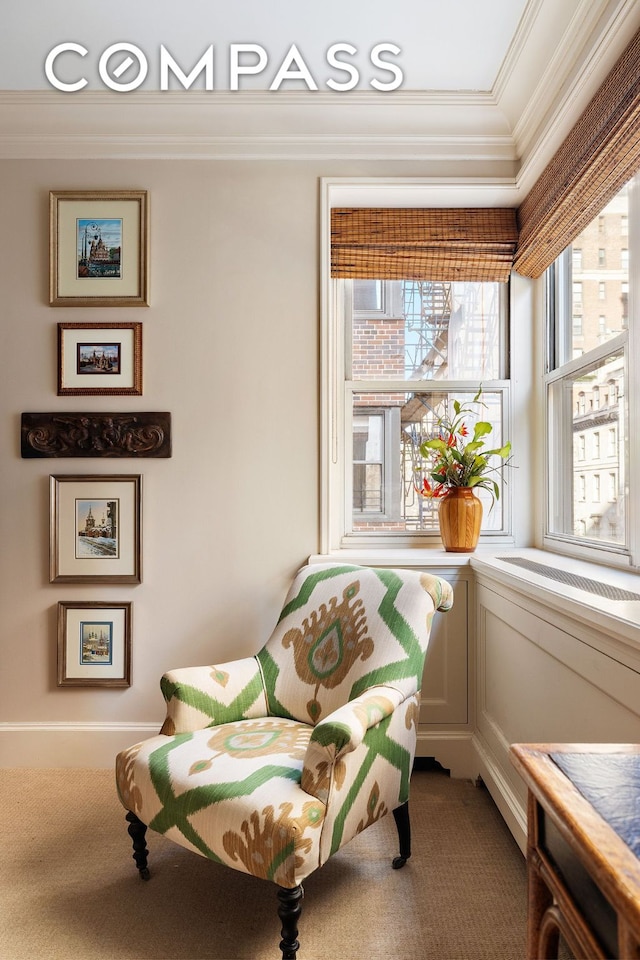 living area with ornamental molding and carpet flooring