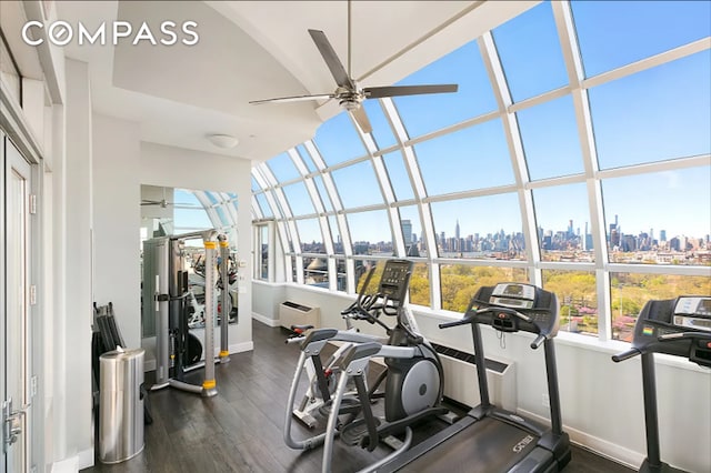 exercise room featuring dark wood finished floors, a city view, ceiling fan, and baseboards