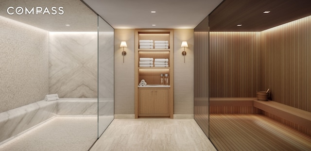 interior space with a tub to relax in and vanity