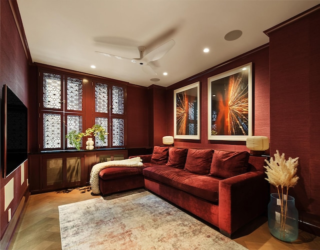 cinema room with a ceiling fan and recessed lighting