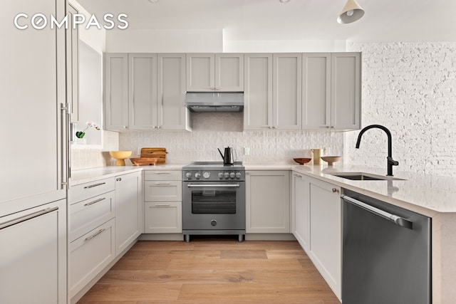 kitchen with under cabinet range hood, a sink, appliances with stainless steel finishes, decorative backsplash, and light wood finished floors