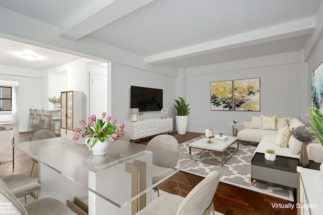 living room featuring wood finished floors and beam ceiling