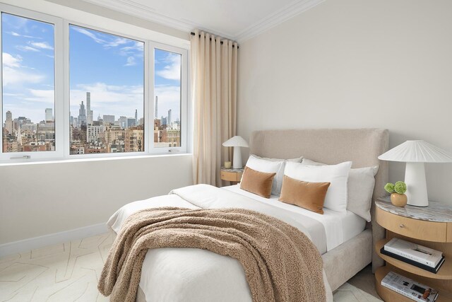 126 E 86th St Unit 17A, New York City, NY 10028 - carpeted bedroom with baseboards, a view of city, and ornamental molding