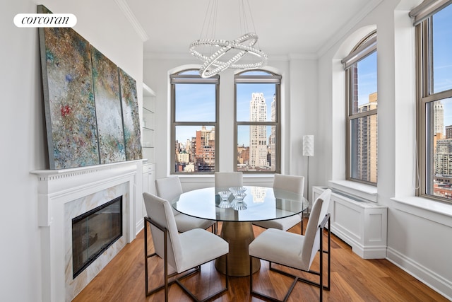 dining space featuring baseboards, a view of city, crown molding, light wood-type flooring, and a fireplace