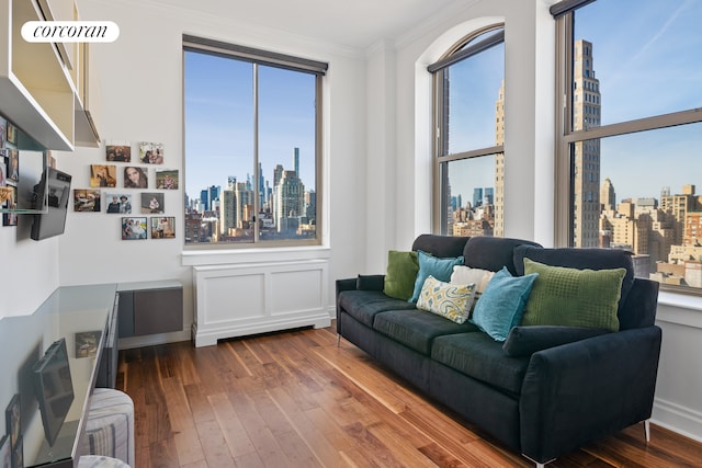 living room with crown molding, dark wood finished floors, and a city view