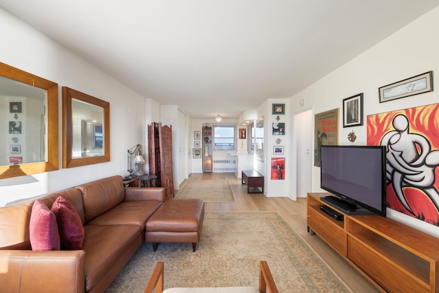 living area with radiator heating unit and light wood-type flooring