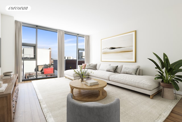 living room featuring a wall of windows, wood finished floors, and visible vents