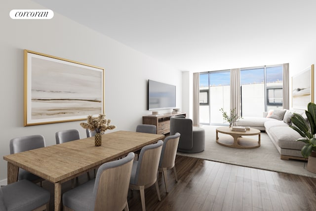 dining area with expansive windows, dark wood-style flooring, and visible vents