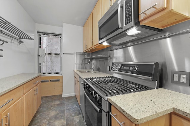 kitchen with stainless steel appliances, a sink, backsplash, light stone countertops, and open shelves