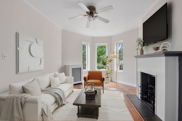 living area featuring ceiling fan, ornamental molding, a fireplace with raised hearth, and baseboards