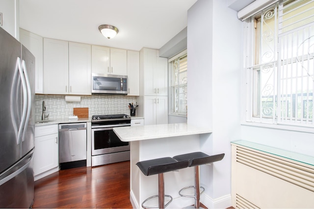 kitchen featuring a breakfast bar, a sink, stainless steel appliances, dark wood-type flooring, and backsplash