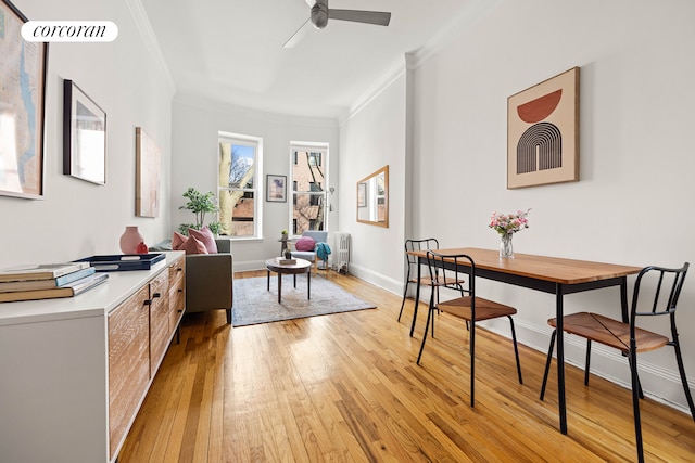 interior space featuring baseboards, ceiling fan, light wood-style floors, and crown molding