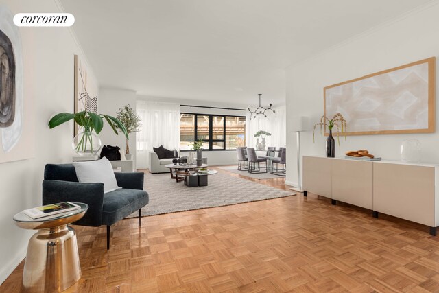 interior space featuring ornamental molding, visible vents, and baseboards