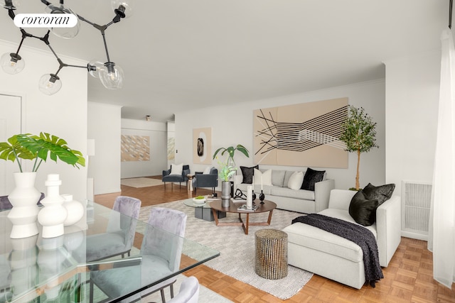 living room with visible vents and crown molding