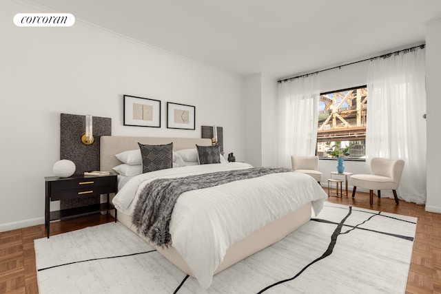 bedroom with crown molding, baseboards, and visible vents