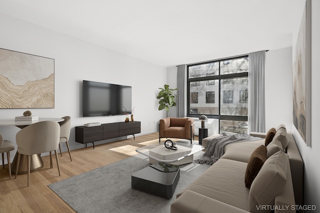 living room with baseboards and wood finished floors