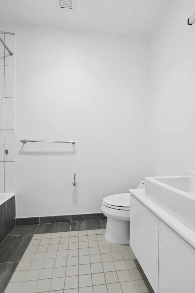 full bathroom with visible vents, a shower, toilet, tile patterned floors, and a bathtub