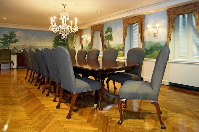 dining area with a chandelier, ornamental molding, and baseboards