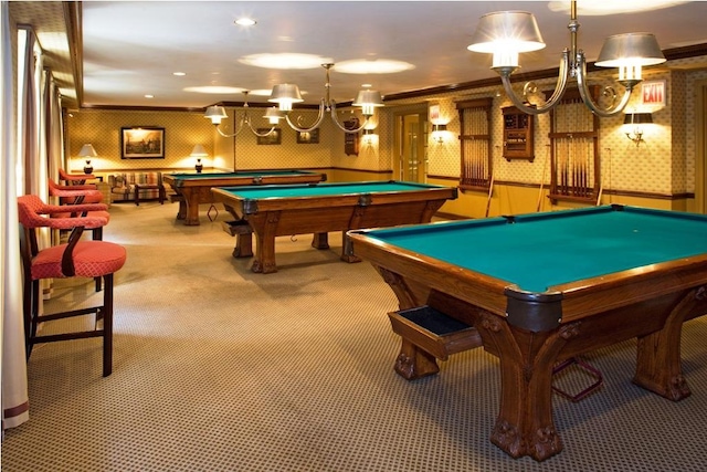 rec room with carpet floors, ornamental molding, pool table, and wallpapered walls