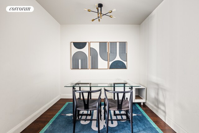 70 Little W St Unit 22G, New York City, NY 10280 - dining area with a chandelier, wood finished floors, and baseboards