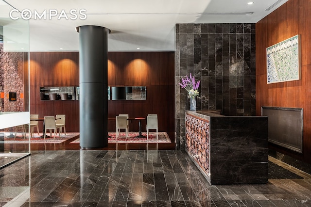 88 Greenwich St Unit 3505, New York City, NY 10006 - welcome area with wooden walls and recessed lighting