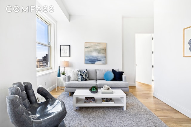 living room with light wood-type flooring and baseboards