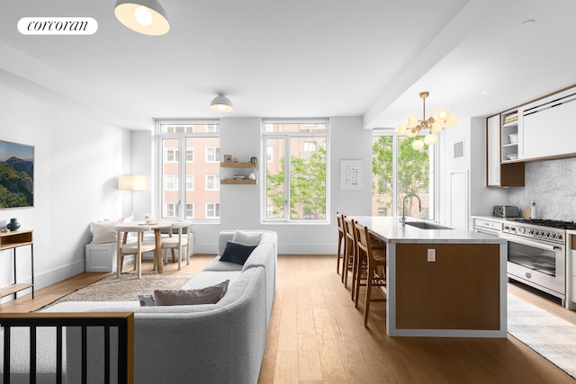 kitchen with light wood finished floors, visible vents, decorative backsplash, high end stove, and a sink