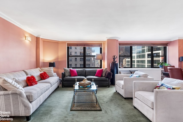 carpeted living area with crown molding