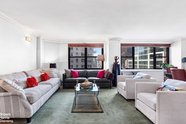 305 E 40th St Unit 17Jk, New York City, NY 10017 - carpeted living area featuring ornamental molding