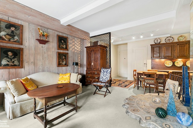 living area featuring beam ceiling, wood walls, and light carpet