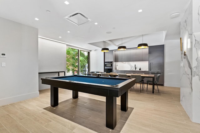 game room with baseboards, pool table, light wood-type flooring, floor to ceiling windows, and recessed lighting